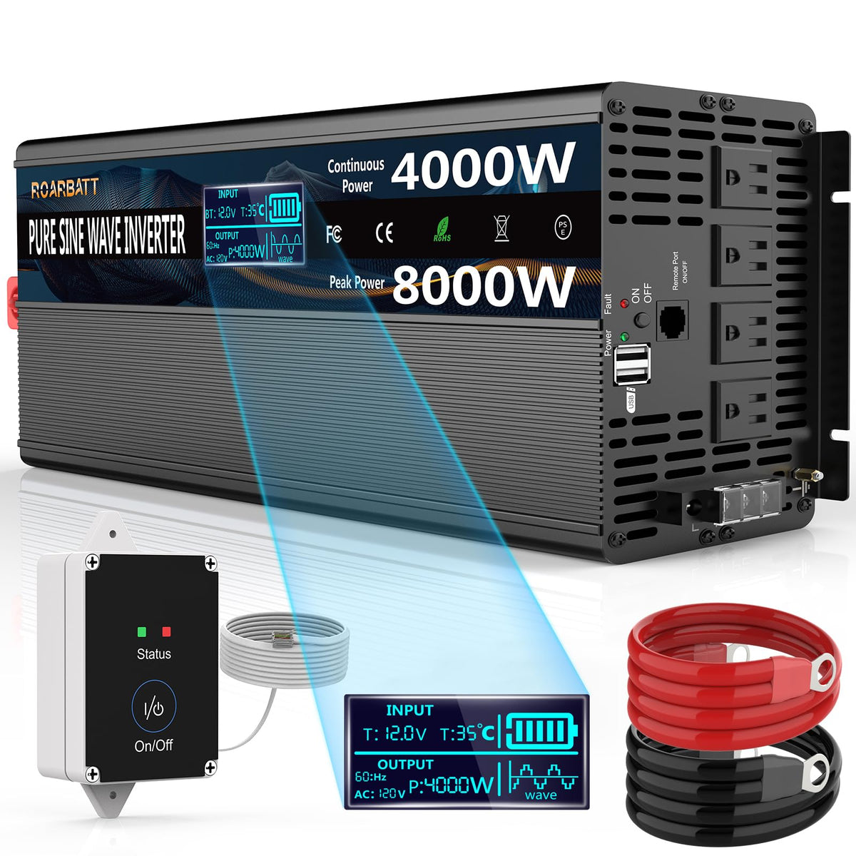 ROARBATT 4000W inverter front view highlights rugged design for RV use