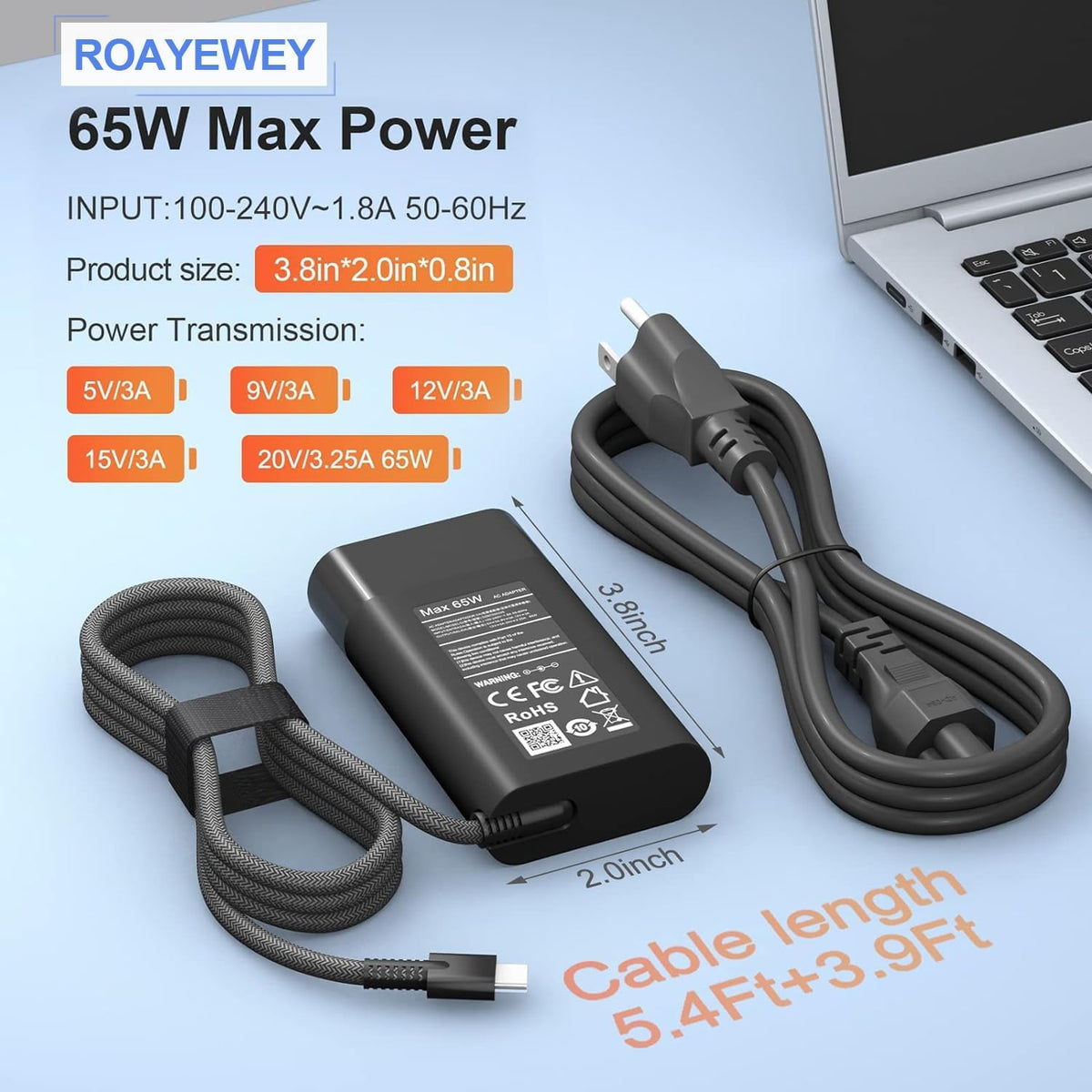 ROAYEWEY 65W charger compact travel footprint for carry-on use