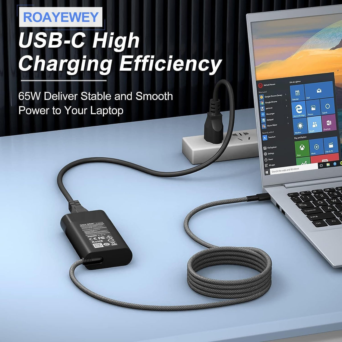 ROAYEWEY 65W USB-C charger side ports for versatile connectivity