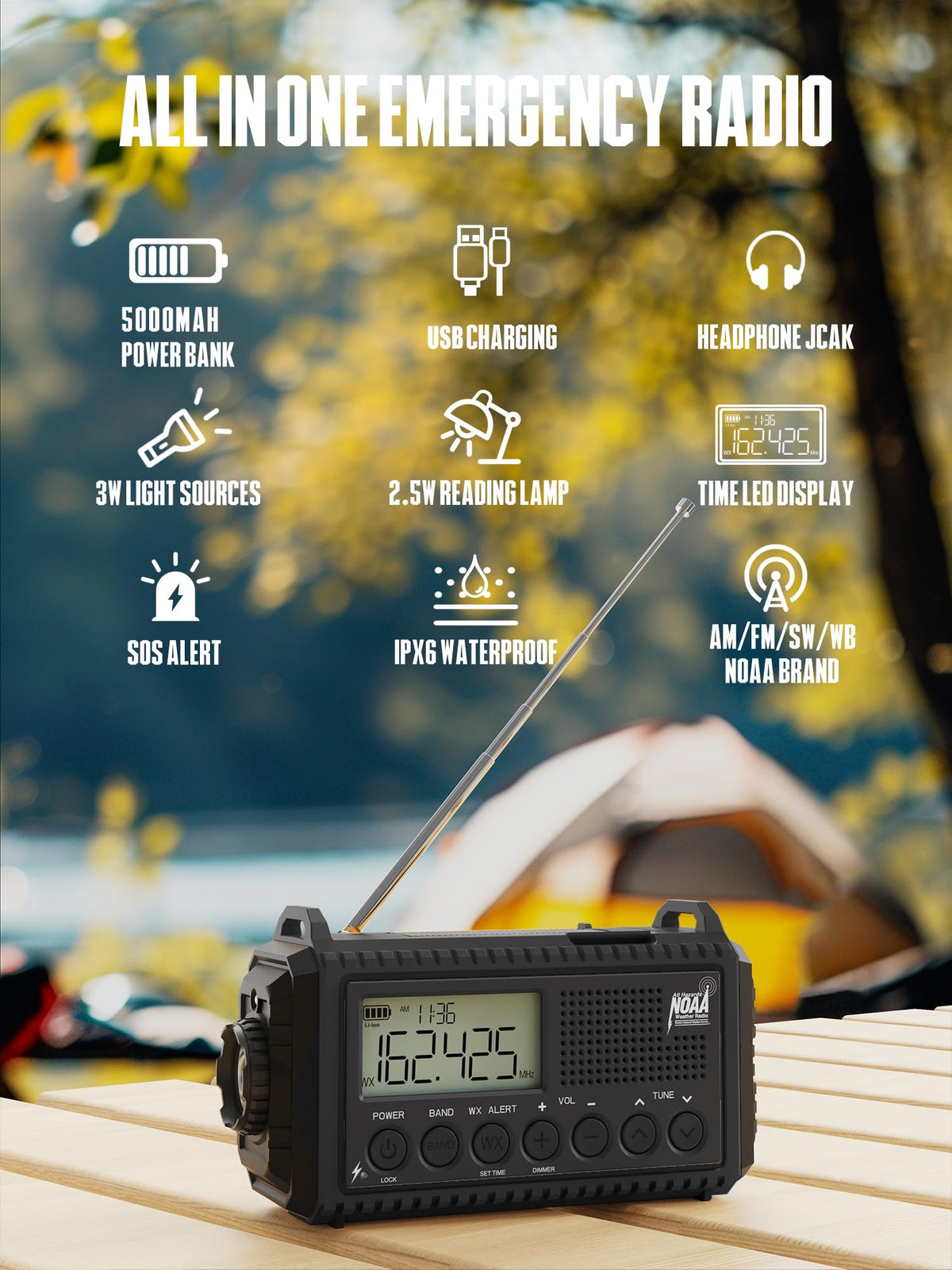 ROCAM backlit LCD close-up displaying time, frequency, and battery level