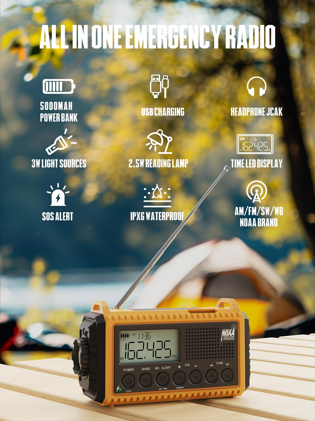 ROCAM hand crank and solar panel visible, offering off-grid charging