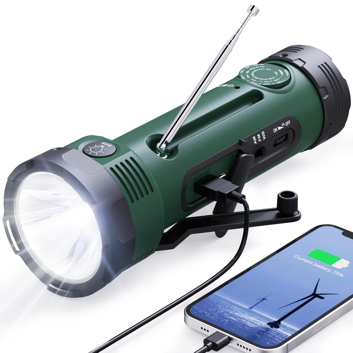 ROCAM hand crank flashlight with NOAA radio antenna for emergency weather updates