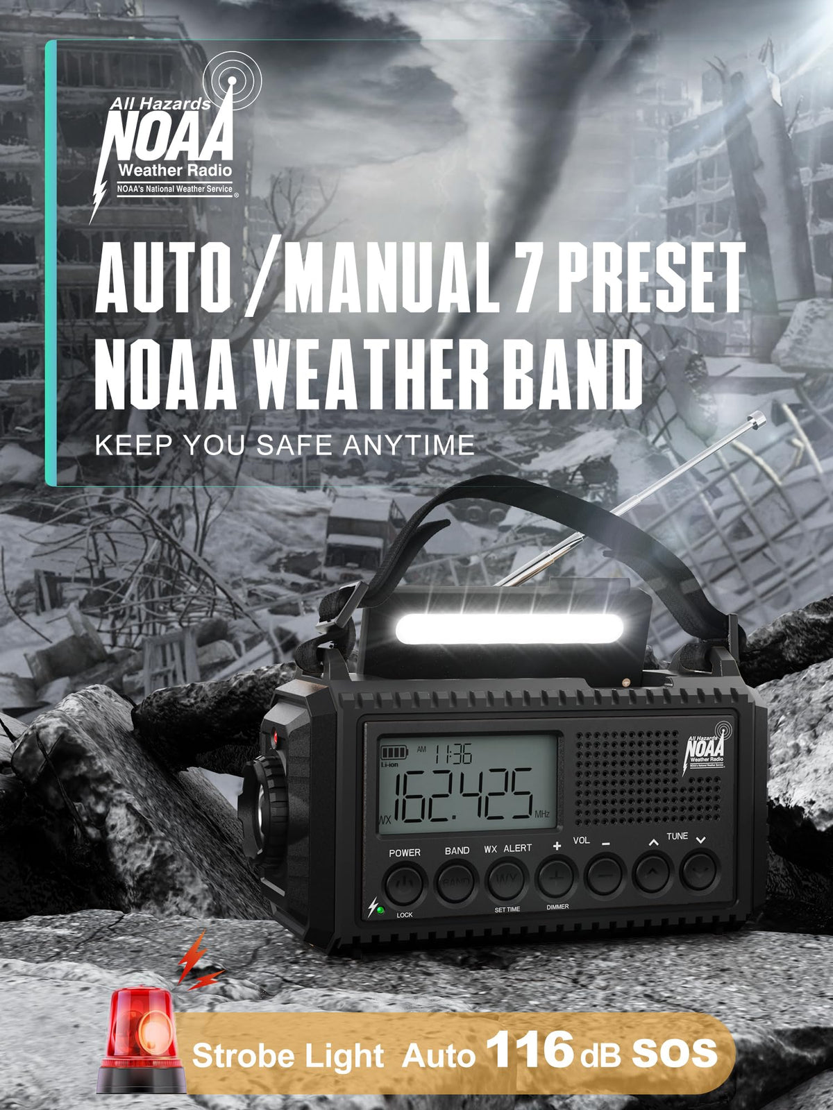 ROCAM radio being charged by hand crank to power emergency alerts