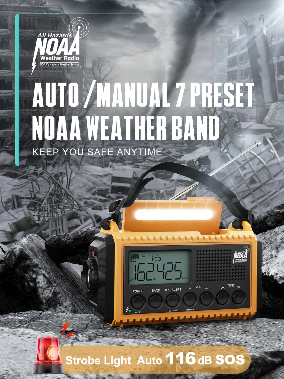 ROCAM clear LCD screen displaying time, frequency and NOAA alert status