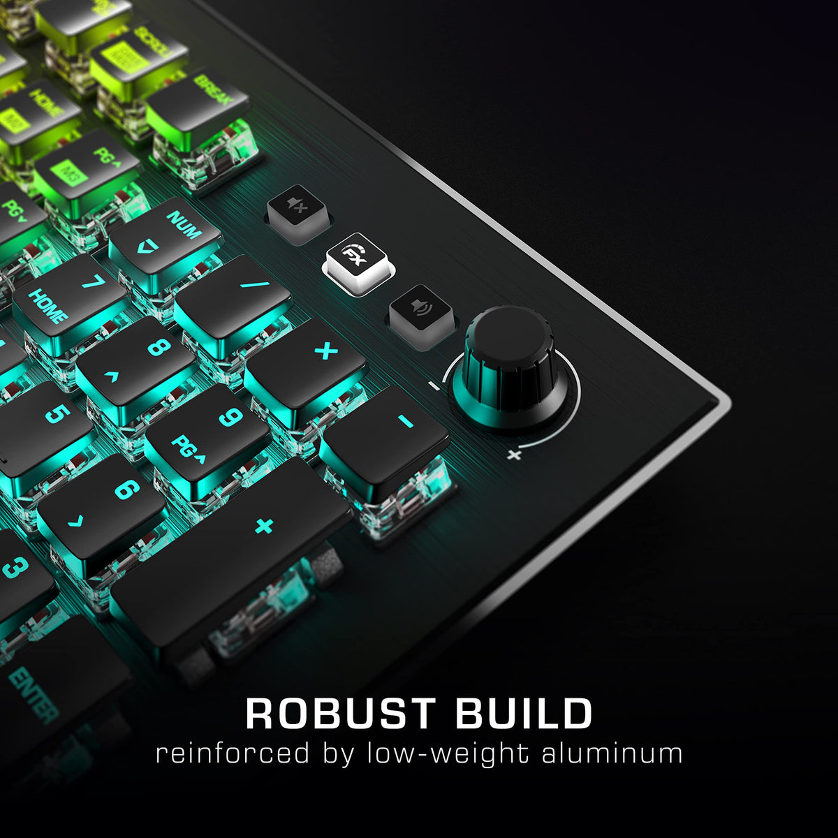Mixer-style media controls on ROCCAT Vulcan Pro with backlit dial.