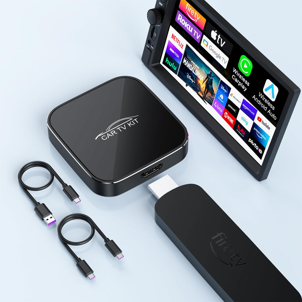 Rocketek Car TV Mate Max front view, compact in-car entertainment hub for on-the-road use.