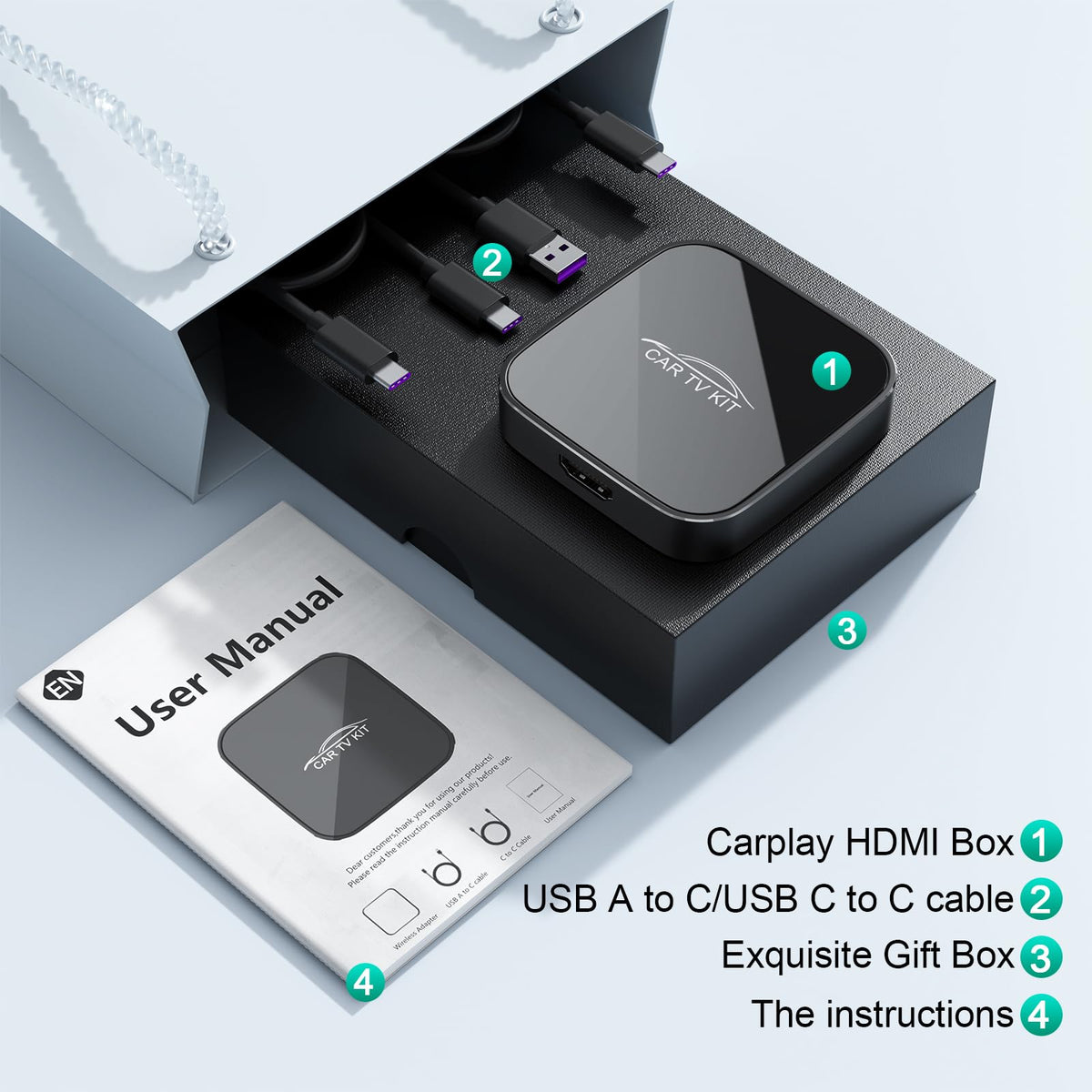 Rocketek Car TV Mate Max packaging includes essential cables and manual.