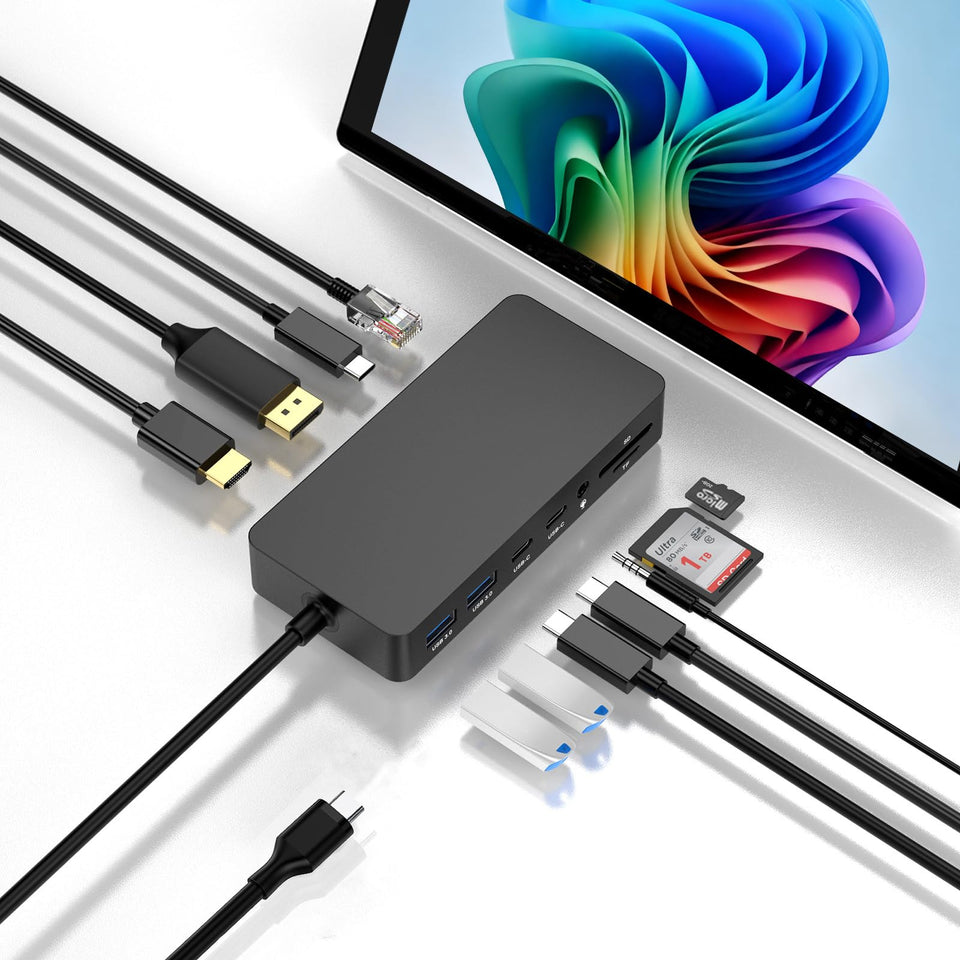 Rocketek Surface Thunderbolt 4 Dock shows a full port array for versatile connectivity.