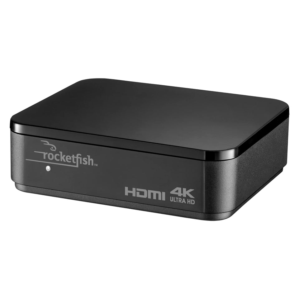 Rocketfish splitter front panel showing ports and compact design for easy setup