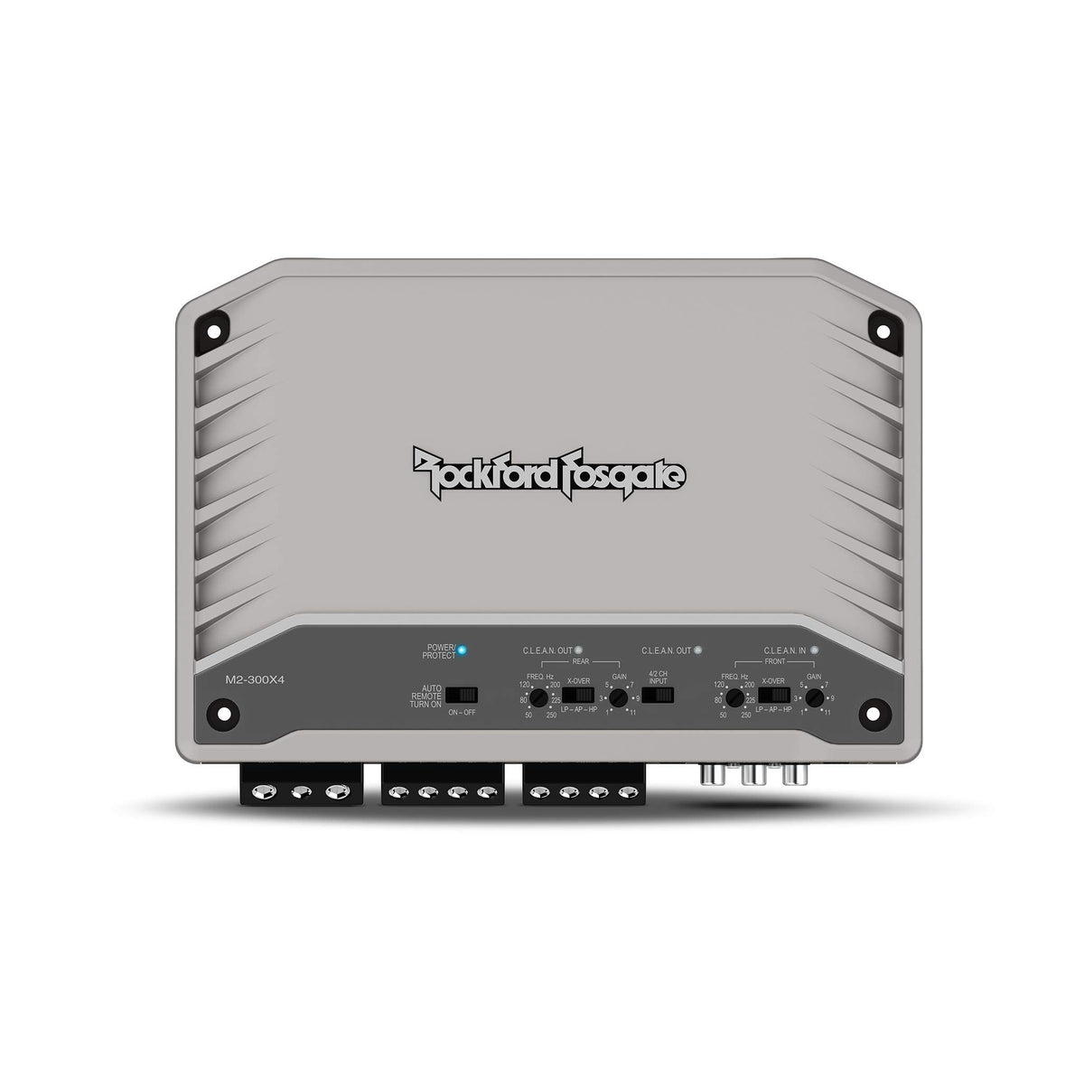 Rockford Fosgate M2-300X4 marine amplifier front view highlighting compact boat-friendly design.