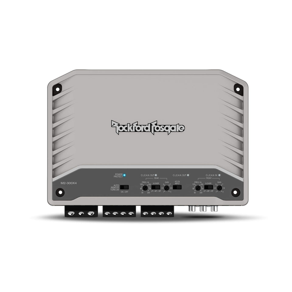 Rockford Fosgate M2-300X4 marine amplifier front view highlighting compact boat-friendly design.