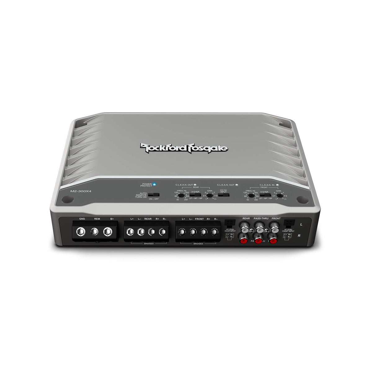 Rockford Fosgate M2-300X4 side profile demonstrates slim footprint for dash installs.