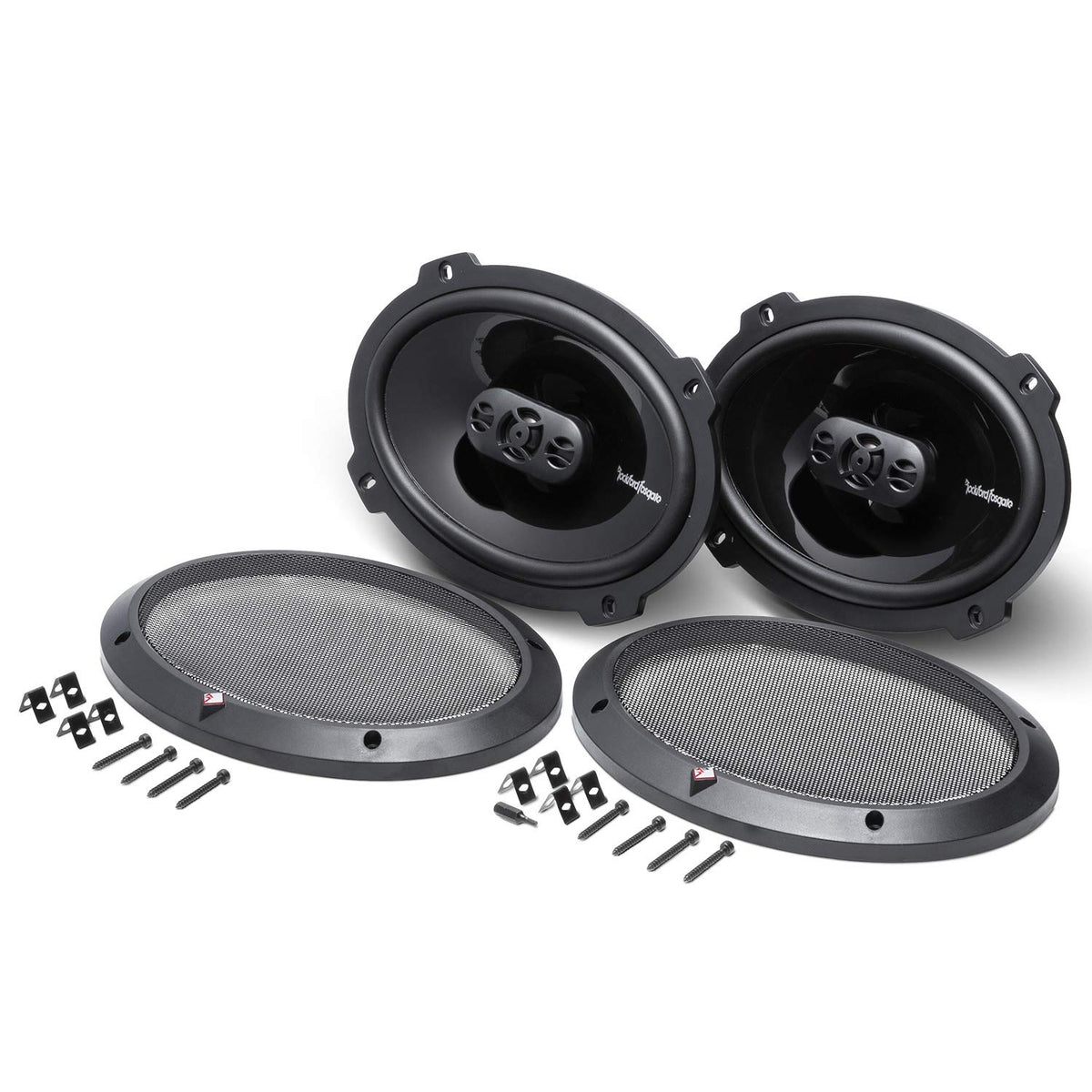 Rockford Fosgate P1694 with grille demonstrates complete package for factory replacement.