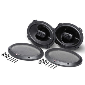 Rockford Fosgate P1694 with grille demonstrates complete package for factory replacement.