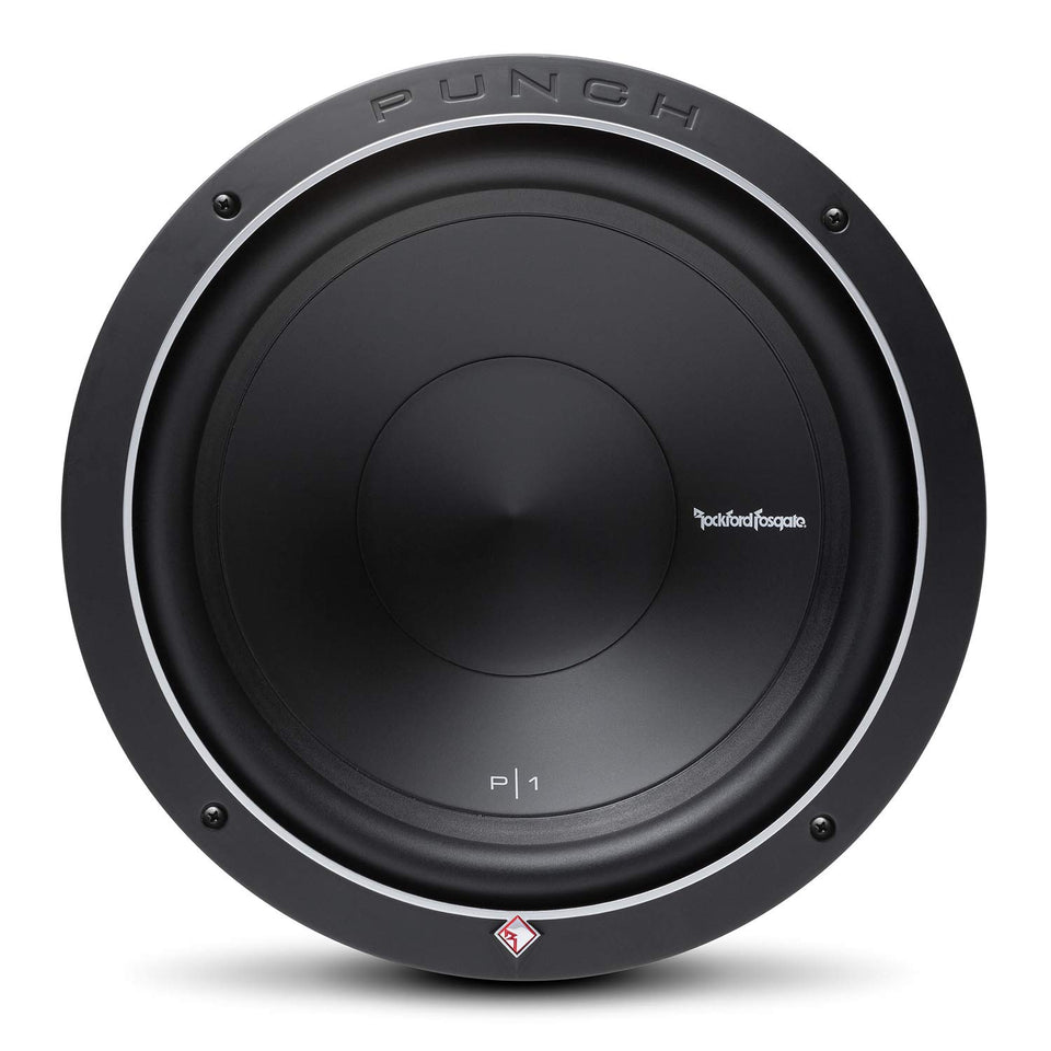 Rockford Fosgate P1S2-12 front view showing rugged build and bass potential