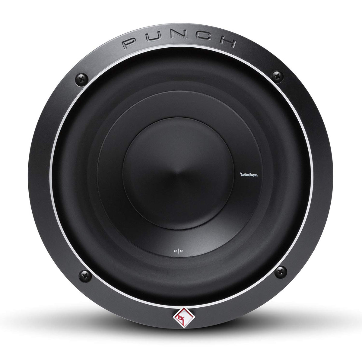 Rockford Fosgate P2D2-8 cone closeup highlighting kevlar-reinforced cone for punchy bass.