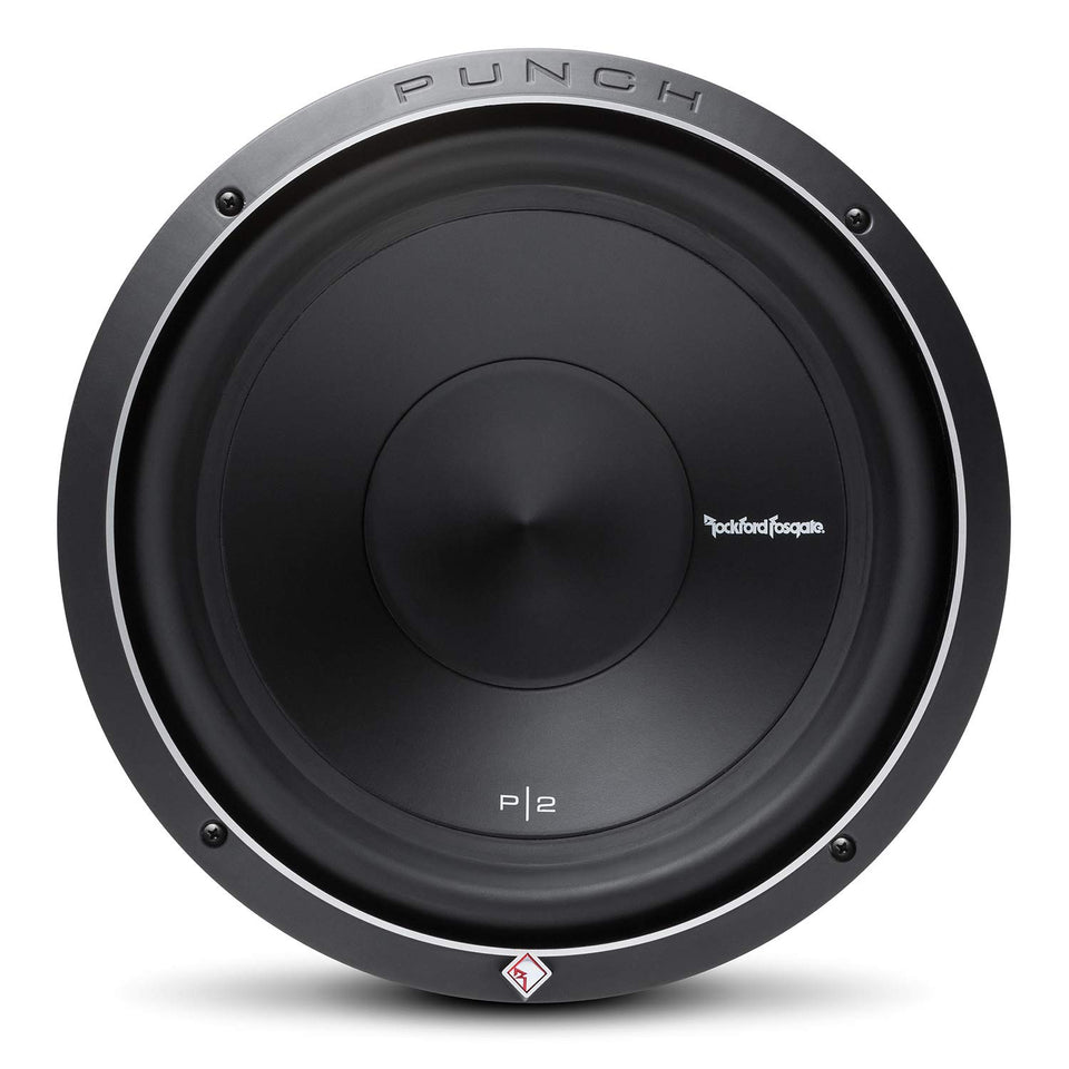 Rockford Fosgate P2D4-12 cone close-up with Kevlar for durable bass.