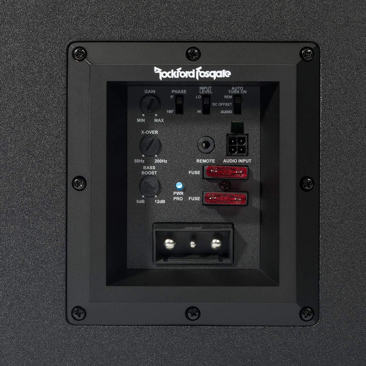 Rockford Fosgate P300-10 controls close-up displays bass EQ and crossover options.