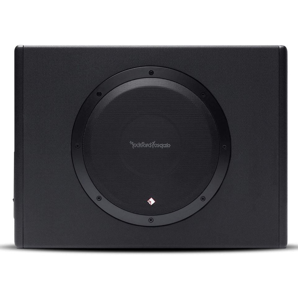 Rockford Fosgate P300-10 front view shows compact all-in-one bass upgrade for cars.