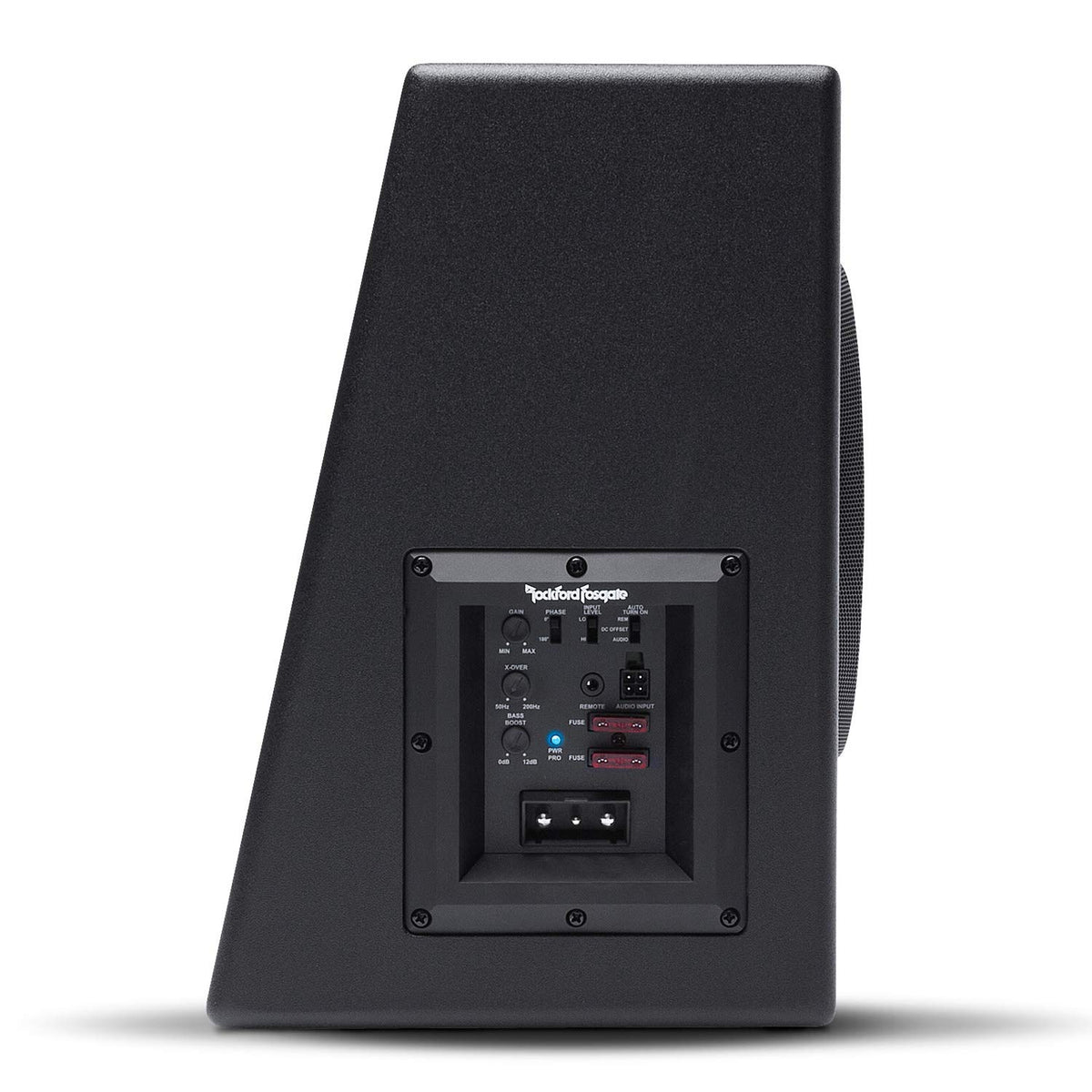 Rockford Fosgate P300-10 side enclosure view highlights integrated subwoofer design.