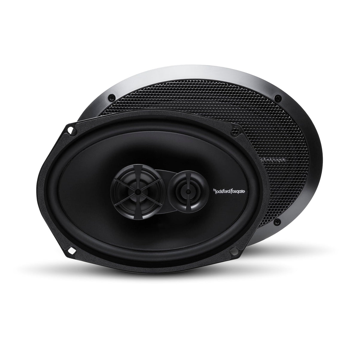 Rockford Fosgate front view of 6x9 speaker showing grille and surround, improved cabin sound