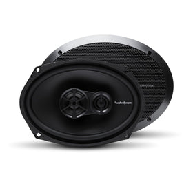 Rockford Fosgate front view of 6x9 speaker showing grille and surround, improved cabin sound