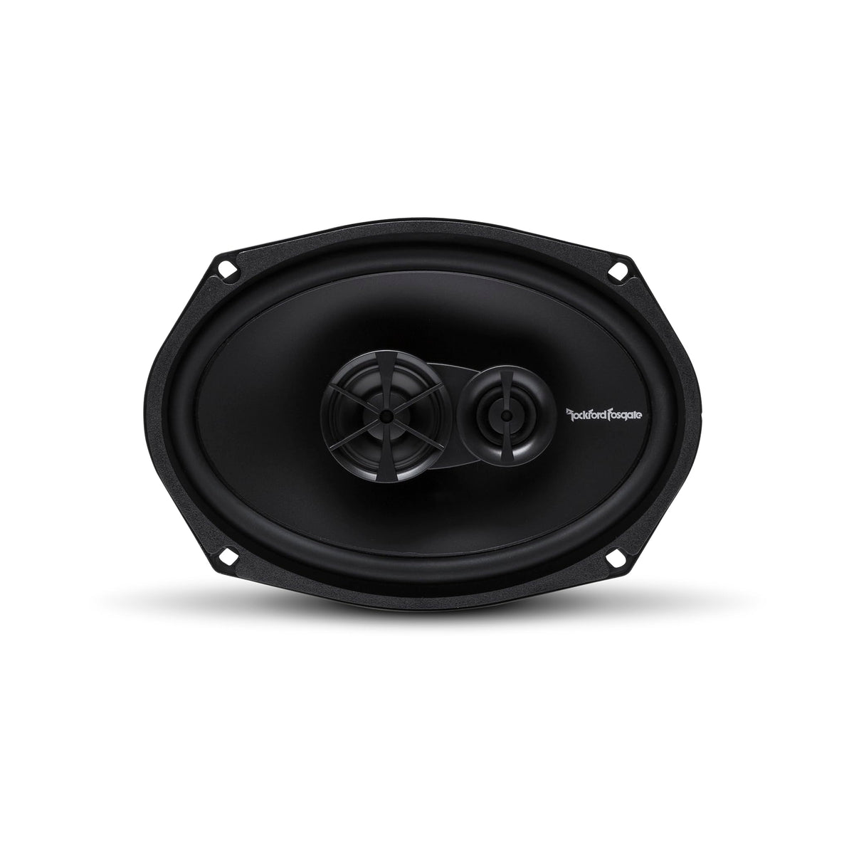 Rockford Fosgate speaker next to tape measure showing 5.93x8.59 inch mounting diameter fitment
