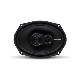 Rockford Fosgate speaker next to tape measure showing 5.93x8.59 inch mounting diameter fitment