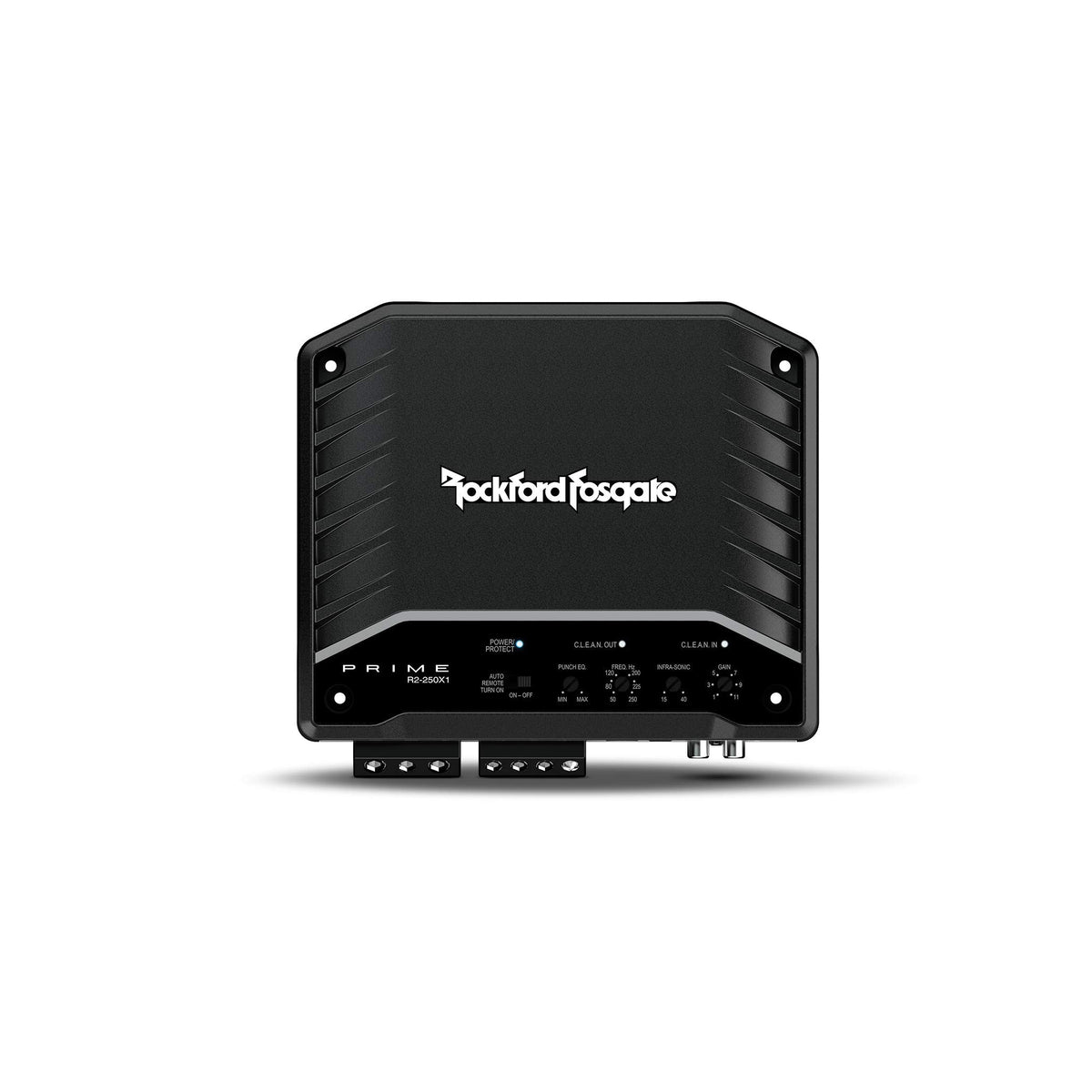 Rockford Fosgate R2-250X1 prime amplifier front view boosts bass clarity