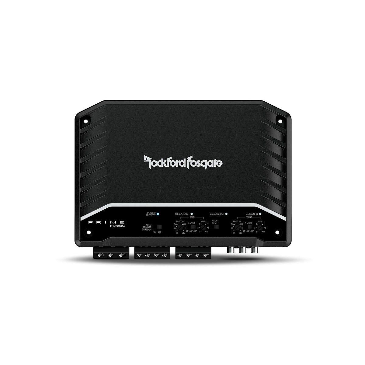 Rockford Fosgate R2-300X4 amplifier front view showing compact power for car audio.