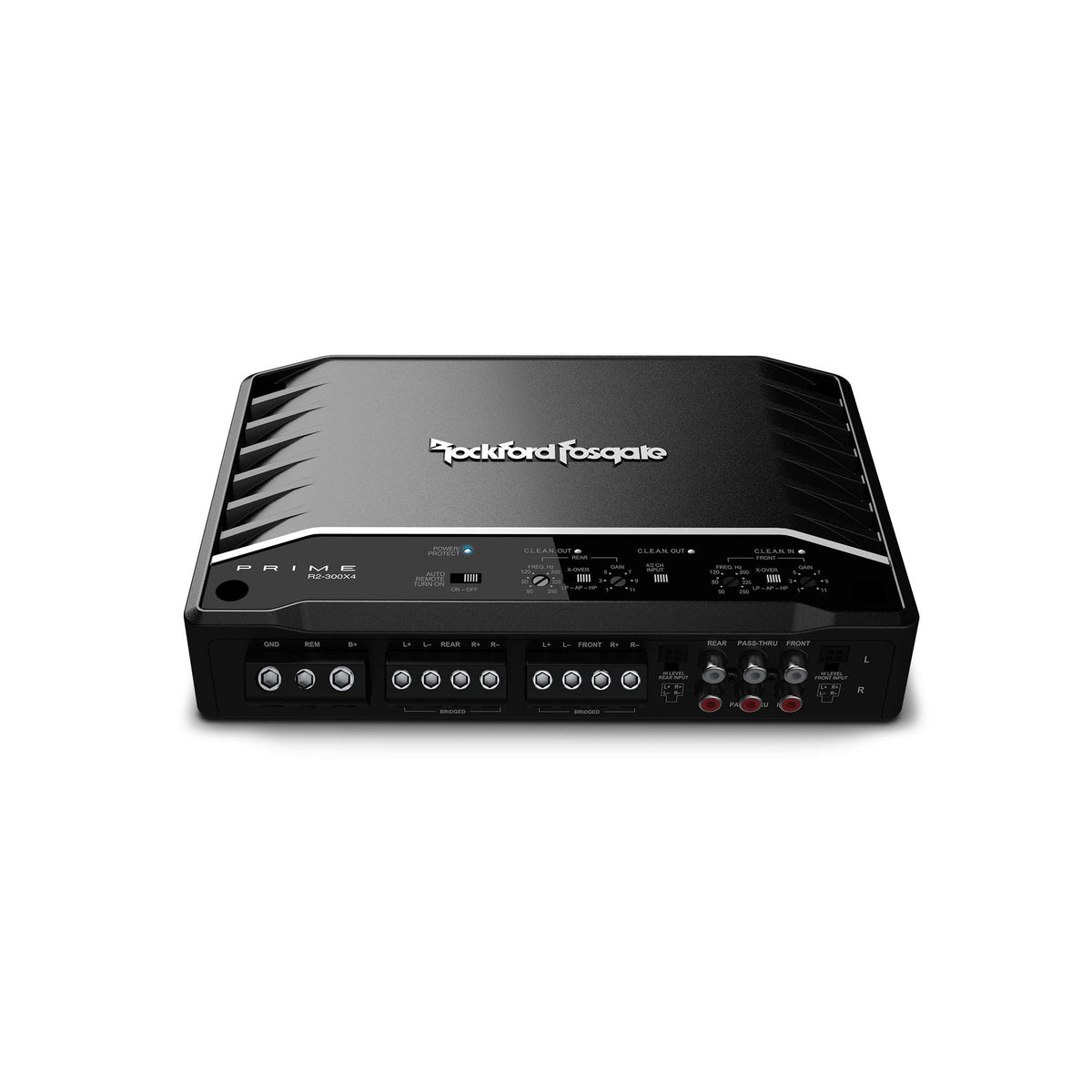 Rockford Fosgate R2-300X4 side view highlighting slim chassis for versatile mounting.