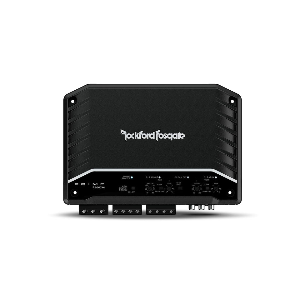 Rockford Fosgate R2-500X4 front panel highlighting compact 4-channel amplifier for cleaner install.