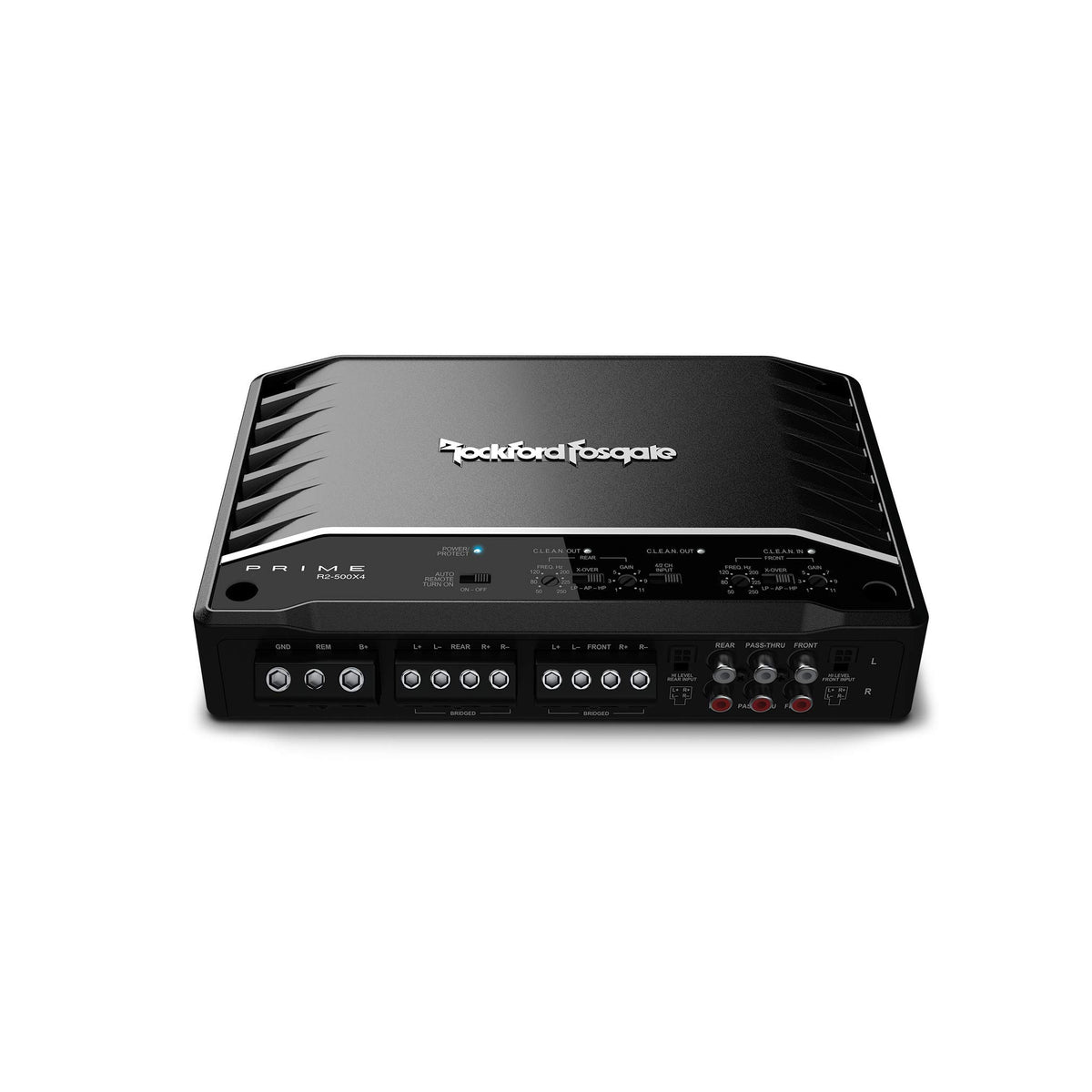 Rockford Fosgate R2-500X4 technical layout showing wiring paths and heatsink.