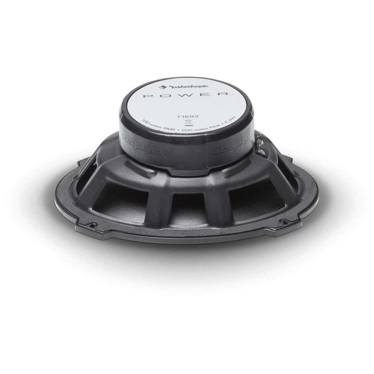 Rockford Fosgate T1693 power handling label indicating 100W RMS per speaker.