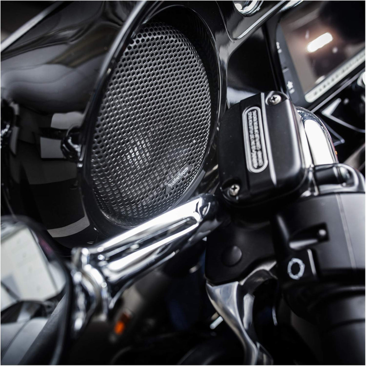 Rockford Fosgate TMS65 Tourpak speaker weather-ready design for tough rides.