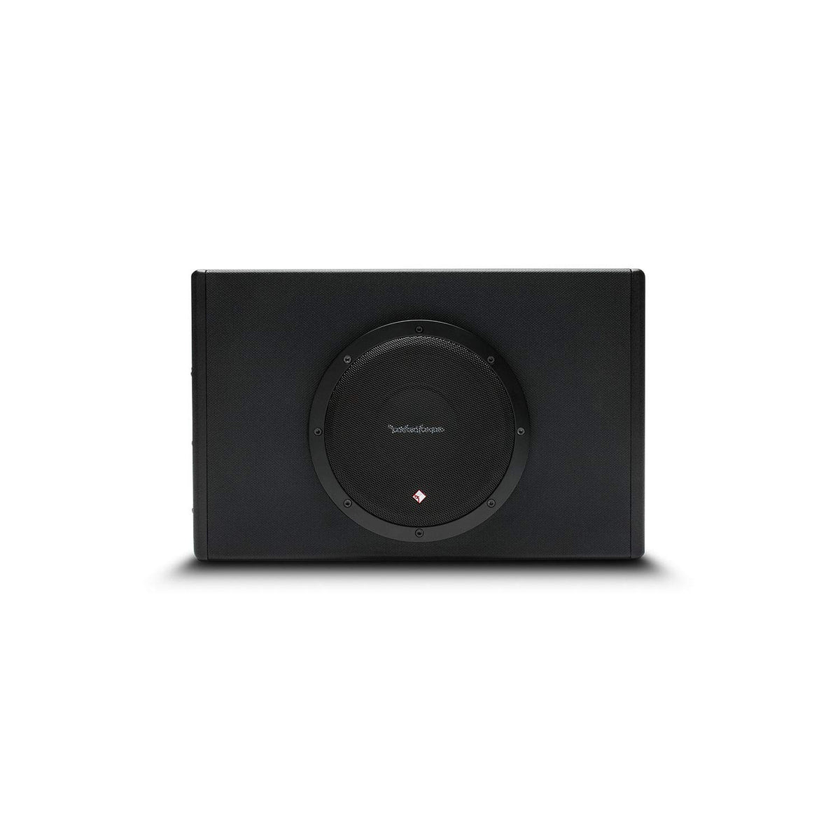 Rockford Fosgate P300-8P side view, built-in amplifier supports factory or aftermarket setups.