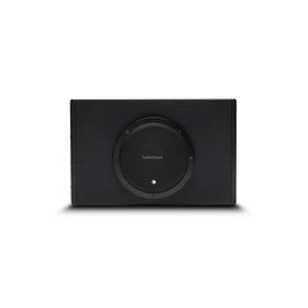 Rockford Fosgate P300-8P side view, built-in amplifier supports factory or aftermarket setups.