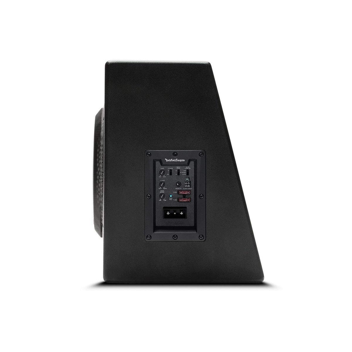 Rockford Fosgate P500-12P rear panel showing inputs and remote bass control.