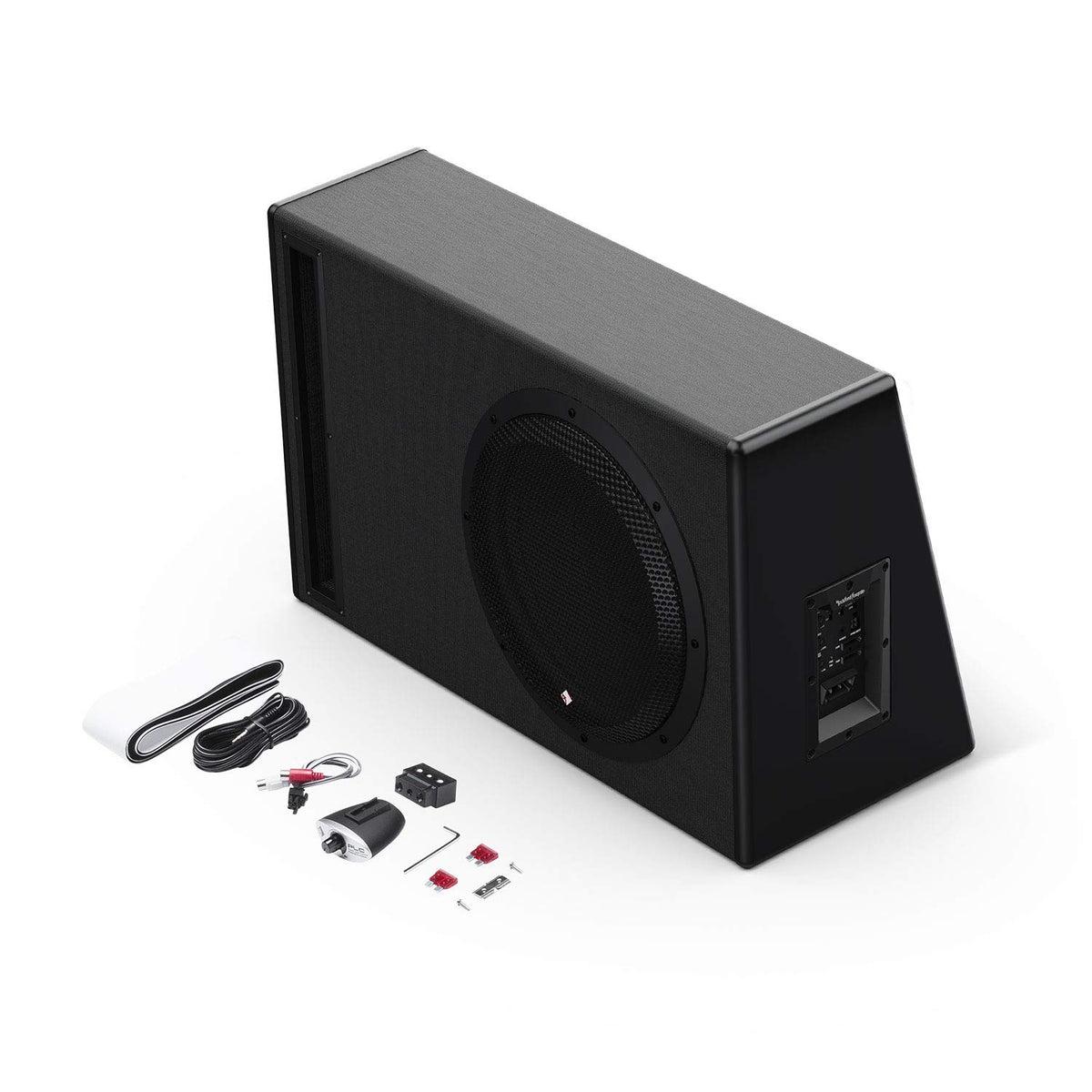 Rockford Fosgate P500-12P front view with built-in amplifier for compact powered bass.