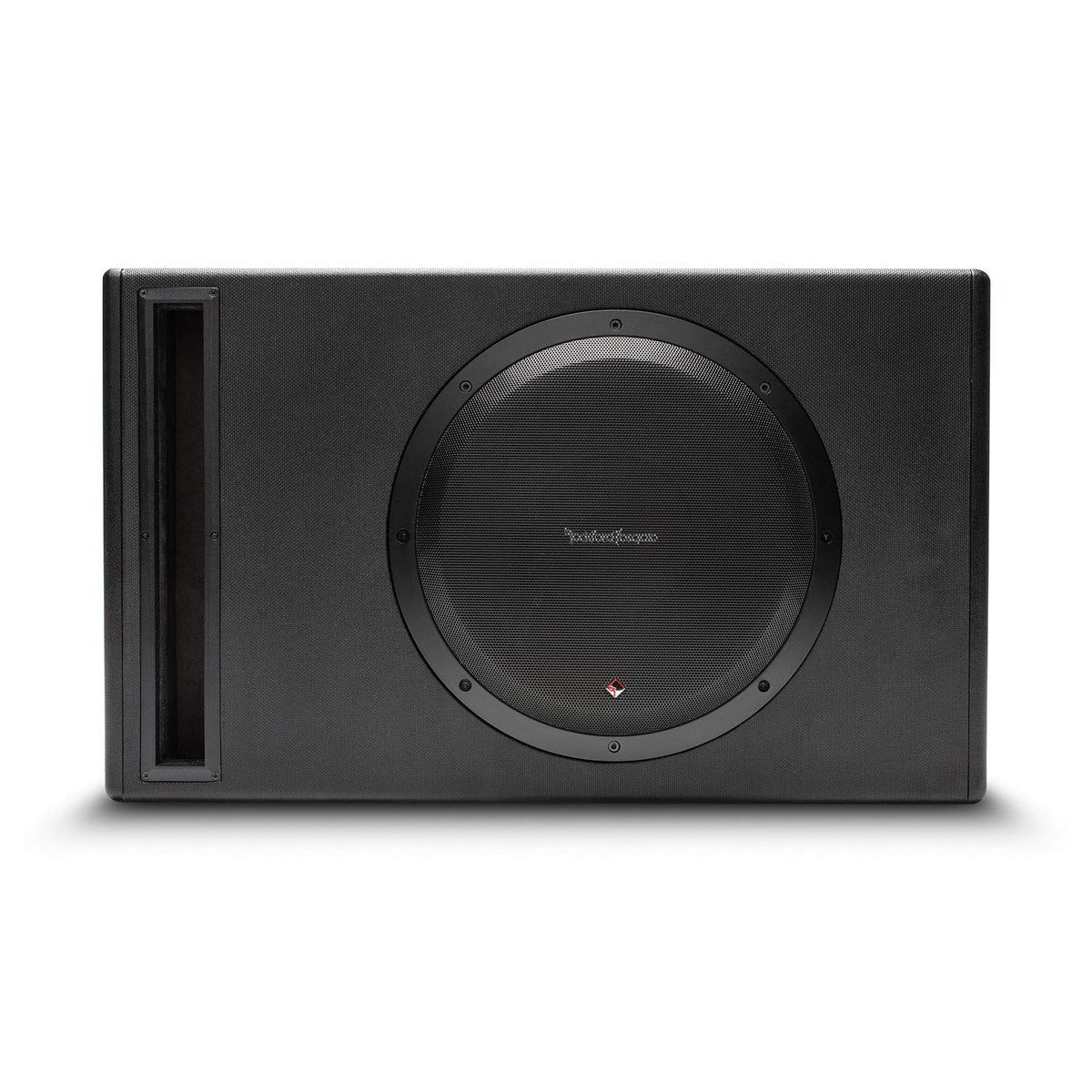 Rockford Fosgate P500-12P wedge enclosure side view highlighting the vented design.