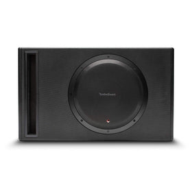 Rockford Fosgate P500-12P wedge enclosure side view highlighting the vented design.