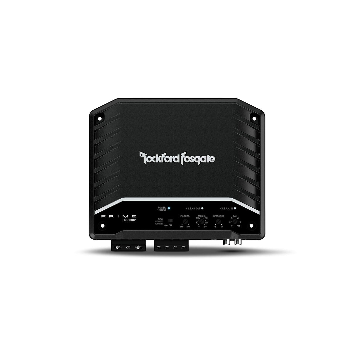 Rockford Fosgate R2-500X1 Prime front view shows compact power ideal for subwoofers.
