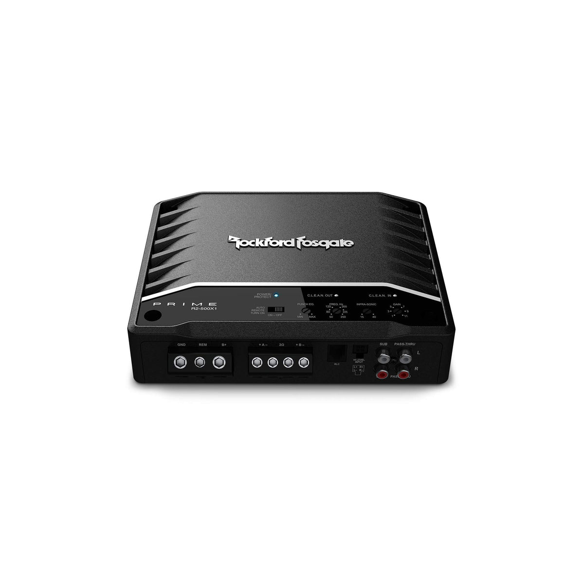 Rockford Fosgate R2-500X1 Prime side panel highlighting efficient Class D design.