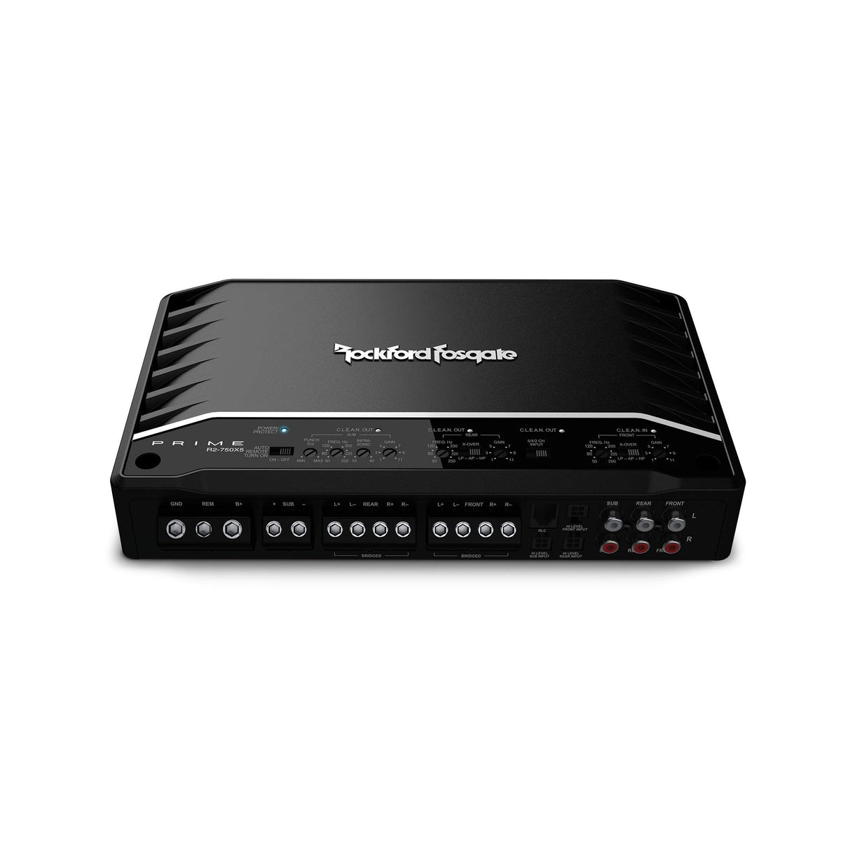 Rockford Fosgate R2-750X5 side view highlighting compact footprint for flexible installation.