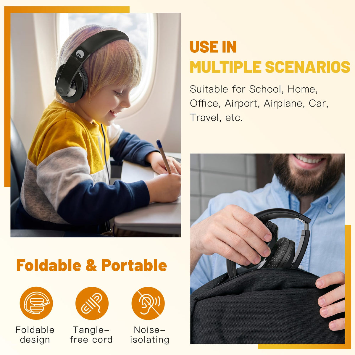 Rockpapa Comfort headphones with a 90-degree plug for universal device compatibility.