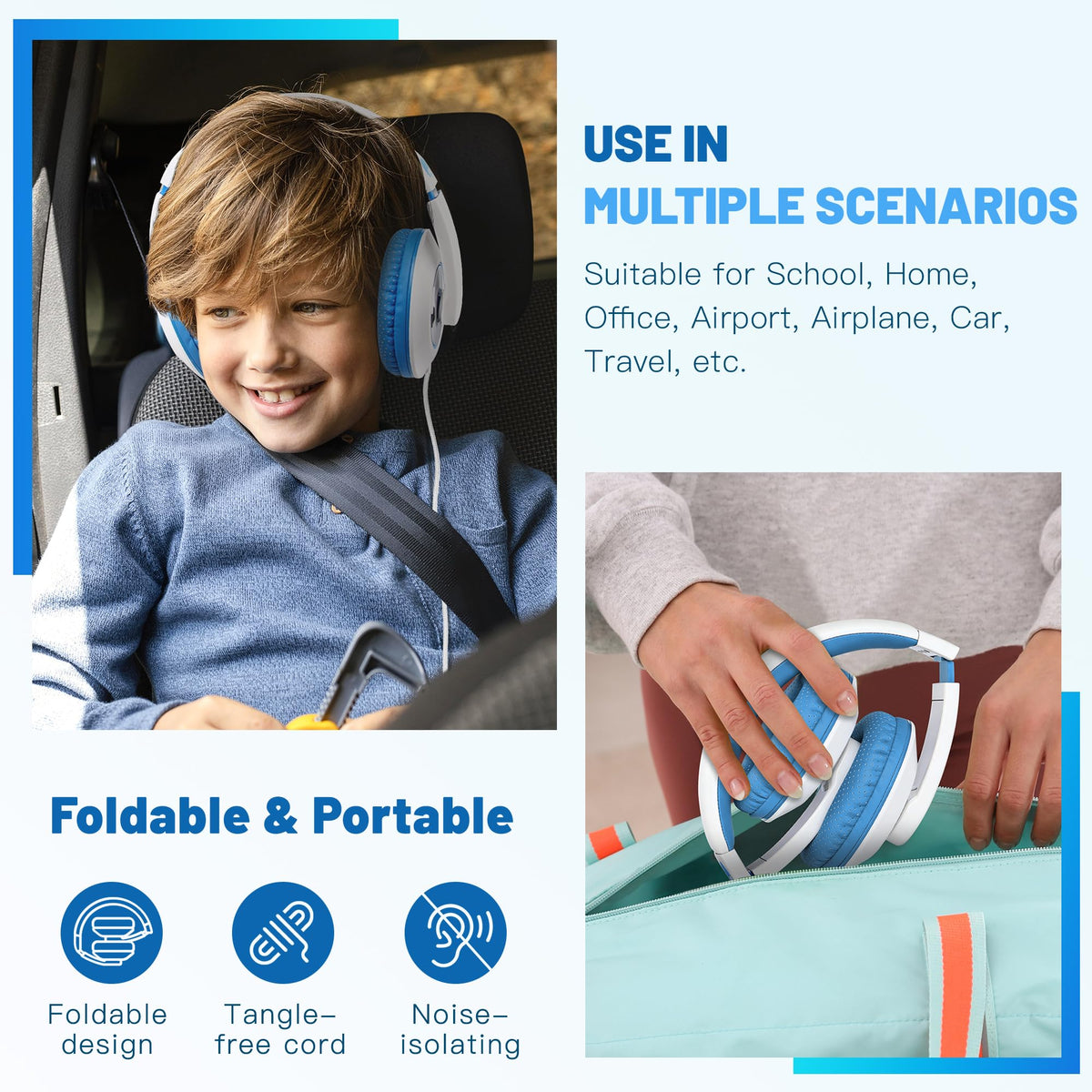 Rockpapa Comfort Kids Headphones 4.9ft wired cord for versatile connection to devices