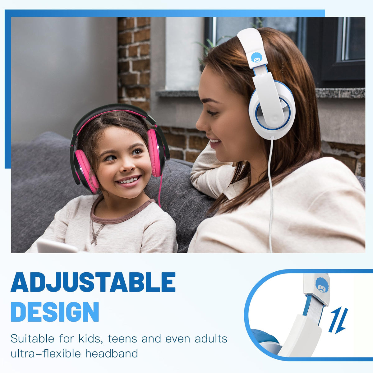Rockpapa Comfort Kids Headphones in white and blue with kid-friendly design