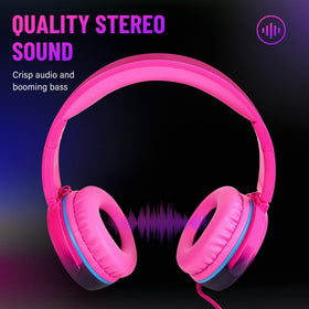 Rockpapa Grade wired headphones pink gradient side view highlighting comfortable fit