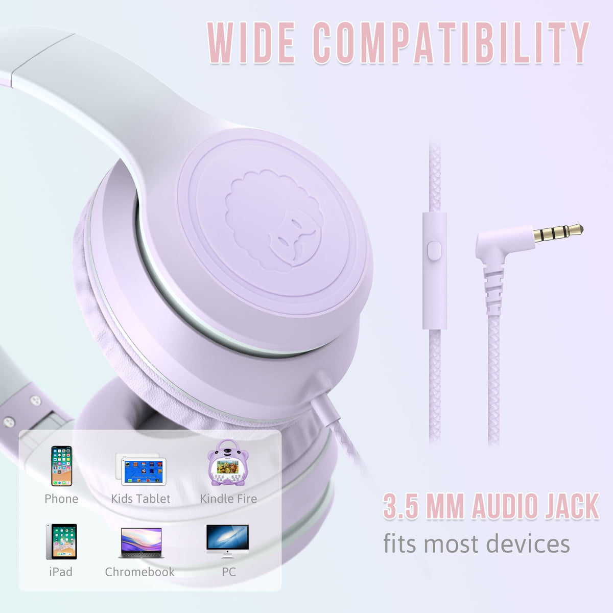 Rockpapa L22 purple headphones with 3.5mm jack compatible with Chromebooks and laptops.