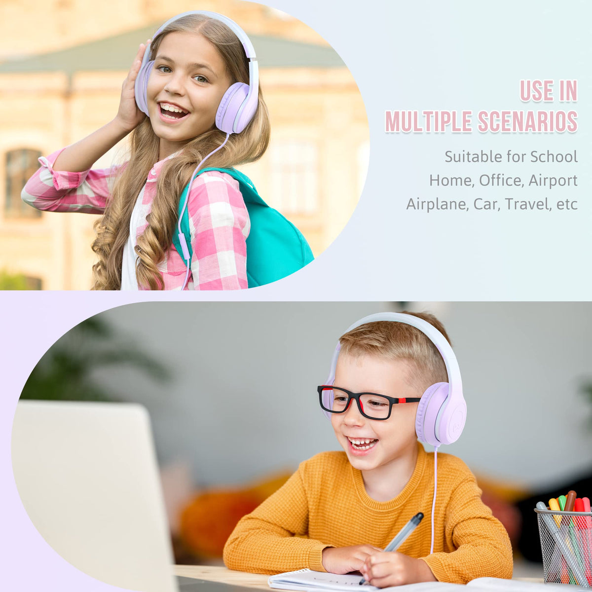 Rockpapa L22 classroom-friendly purple headphones ideal for teachers and students.